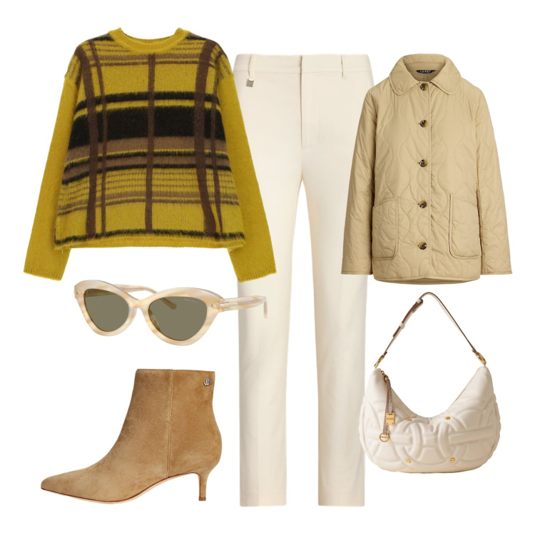 Outfit donna - Maglione check!. Stile Chic per Ufficio. Abbinamento con maglieria, borse a spalla, pantaloni, stivaletti, giacche, occhiali da sole.