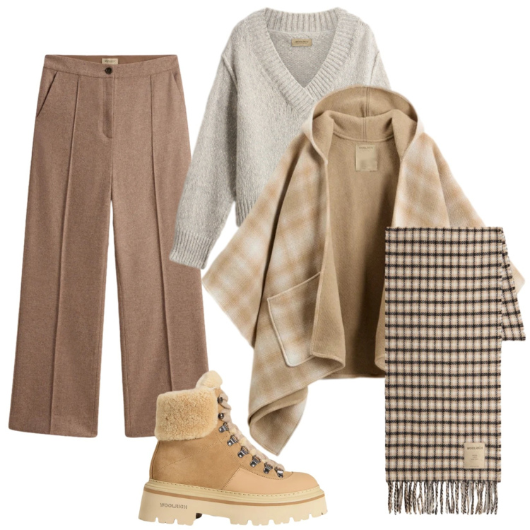 Outfit donna - Una sciarpa a quadri. Stile Casual chic per Tutti i giorni. Abbinamento con maglieria, pantaloni, cappe, sciarpe, stivaletti.