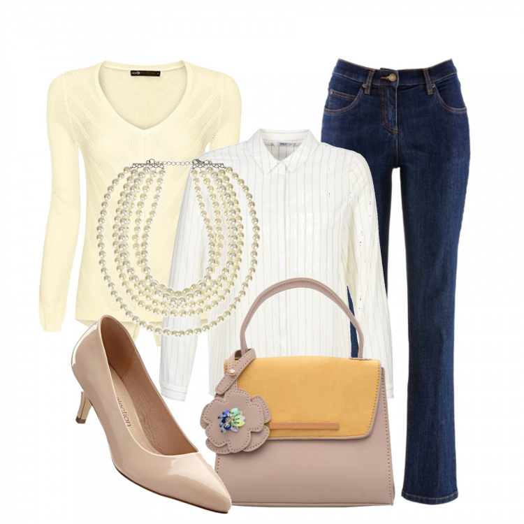 Outfit donna - Décolleté nude in stile bon ton. Stile Bon Ton per Ufficio. Abbinamento con jeans dritti, décolleté, collier con perle beige, borse a mano, camicia bianco, maglia con scollo giallo.