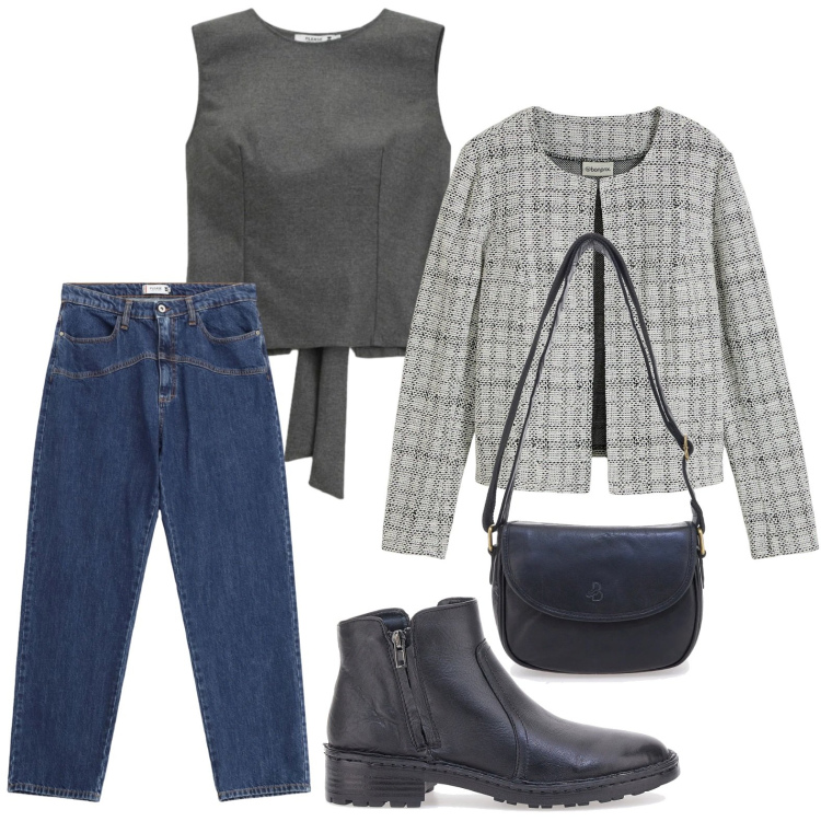 Outfit donna - Eleganza in jeans. Stile Trendy per Tutti i giorni. Abbinamento con cardigans, jeans, top, stivaletti, borse a tracolla.
