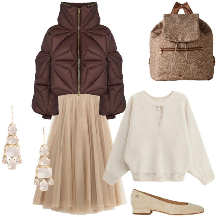 Outfit donna - Romantica per Natale. Stile Romantica per Serata fuori. Abbinamento con gonne lunghe, maglieria, zaini, ballerine, orecchini, piumini.