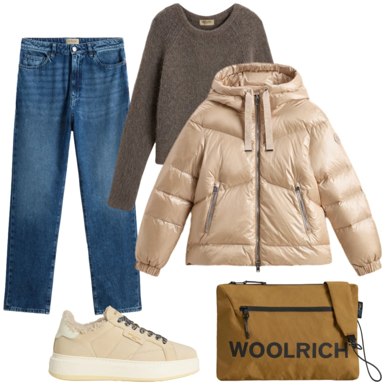 Outfit donna - Basic. Stile Basic per Tutti i giorni. Abbinamento con piumini, borse a tracolla, sneakers, maglieria, jeans.