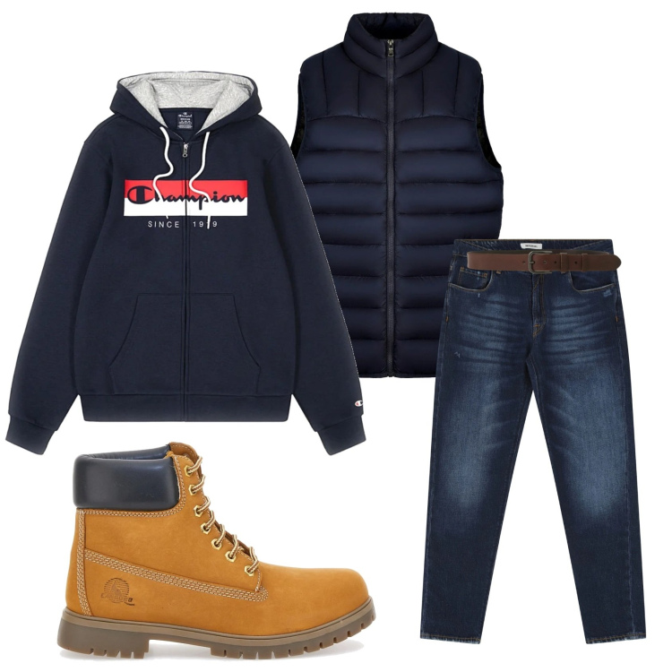 Outfit uomo - Total look #2298698. Stile Casual per Tutti i giorni. Abbinamento con jeans dritti, cinture, piumini, felpe con cappuccio, stivali e stivaletti.