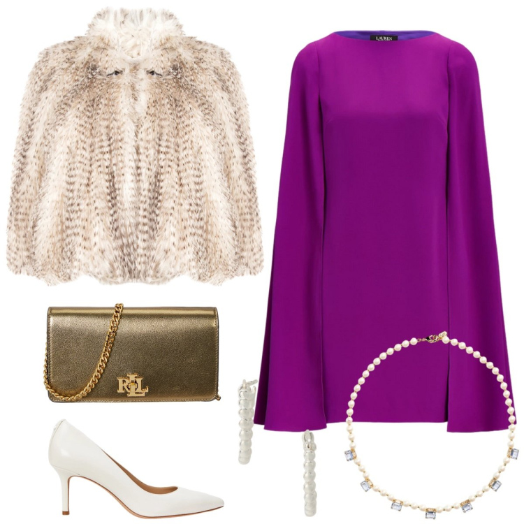 Outfit donna - Serata chic. Stile Chic per Serata fuori. Abbinamento con ecopellicce, vestiti, décolleté, orecchini, collane, borse a mano.