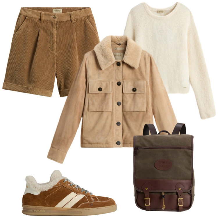 Outfit donna - Sneakers con pelliccia. Stile Casual per Tutti i giorni. Abbinamento con sneakers, maglieria, zaini, piumini, pantaloni corti.