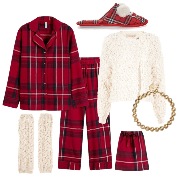 Outfit donna - Relax sotto le feste. Stile Trendy per Tutti i giorni. Abbinamento con pigiama, calzini, cardigans, braccialetti, pantofole.