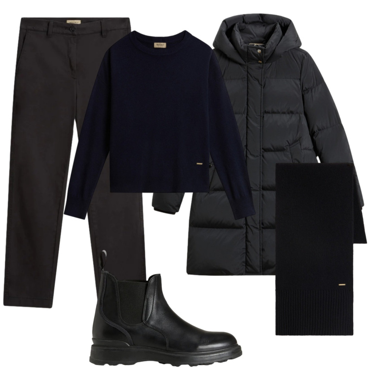 Outfit donna - Woolrich Total black. Stile Basic per Tutti i giorni. Abbinamento con stivaletti, sciarpe, maglieria, pantaloni, piumini.