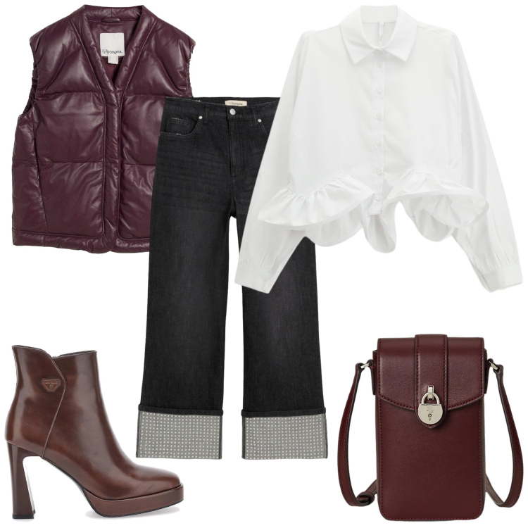 Outfit donna - In jeans. Stile Sporty chic per Tutti i giorni. Abbinamento con jeans dritti, piumini, camicie, borse a tracolla, stivaletti.