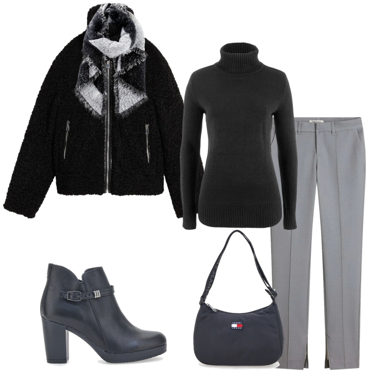 Outfit donna - Total look #2298712. Stile Chic per Ufficio. Abbinamento con pantaloni, sciarpe, maglieria, ecopellicce, stivaletti, borse a spalla.