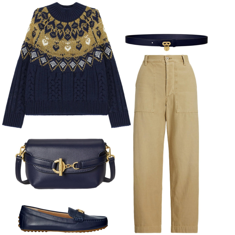 Outfit donna - Attenzione per il dettaglio. Stile Bon Ton per Tutti i giorni. Abbinamento con maglieria, mocassini, pantaloni, cinture, borse a tracolla.