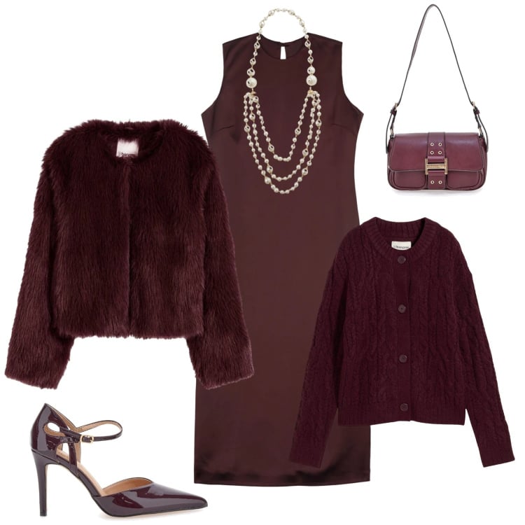 Outfit donna - Tono su tono. Stile Bon Ton per Serata fuori. Abbinamento con ecopellicce, cardigans, collane, vestiti midi/longuette, décolleté, borse a tracolla.