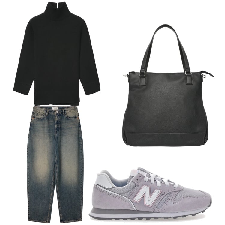 Outfit donna - Aperitivo. Stile Trendy per Tutti i giorni. Abbinamento con jeans, maglieria, shopping bag, sneakers.