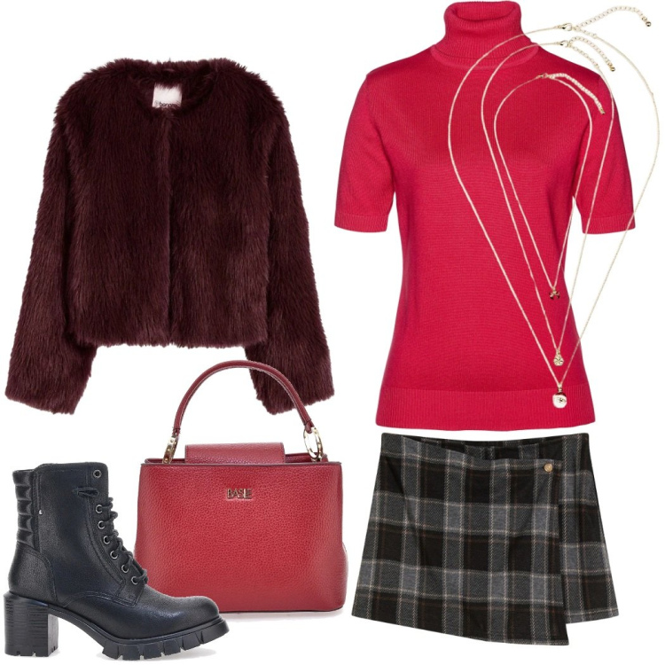 Outfit donna - Total look #2298721. Stile Casual chic per Tutti i giorni. Abbinamento con gonne, ecopellicce, maglieria, collane, borse a mano, anfibi.