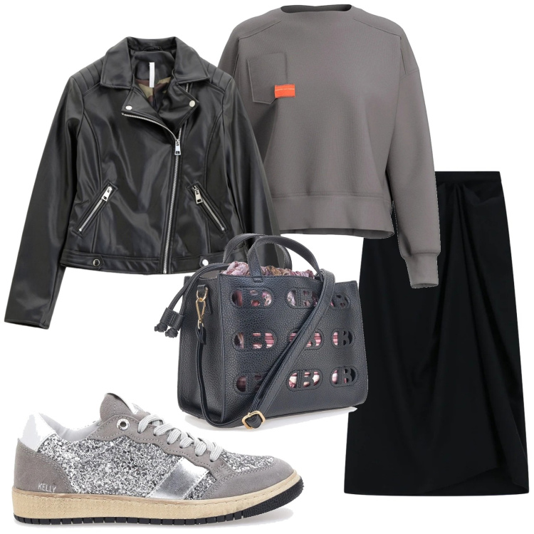 Outfit donna - Total look #2298723. Stile Sporty chic per Tutti i giorni. Abbinamento con gonne longuette, blazer, borse a mano, sneakers, felpe.