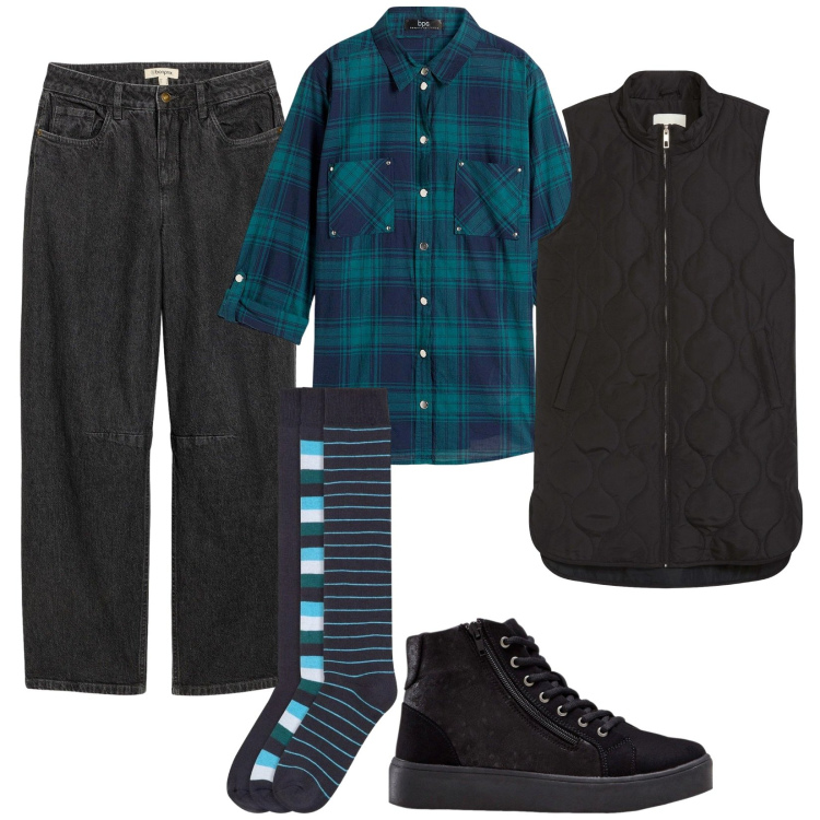 Outfit donna - I calzini a righe. Stile Casual per Tutti i giorni. Abbinamento con sneakers alte, camicie, piumini, jeans, calzini.