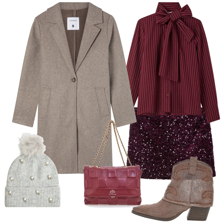 Outfit donna - Per le feste. Stile Trendy per Serata fuori. Abbinamento con minigonne, cappotti, berretti, camicie, stivaletti texani, borse a tracolla.
