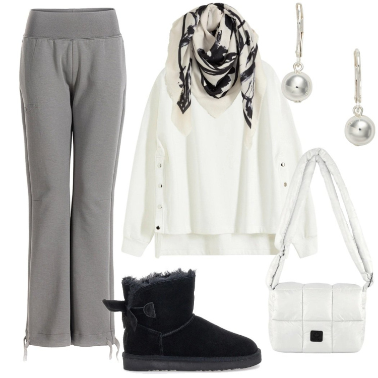 Outfit donna - Total look #2298727. Stile Casual per Tutti i giorni. Abbinamento con felpe, foulard, orecchini, borse a spalla, stivaletti, pantaloni.