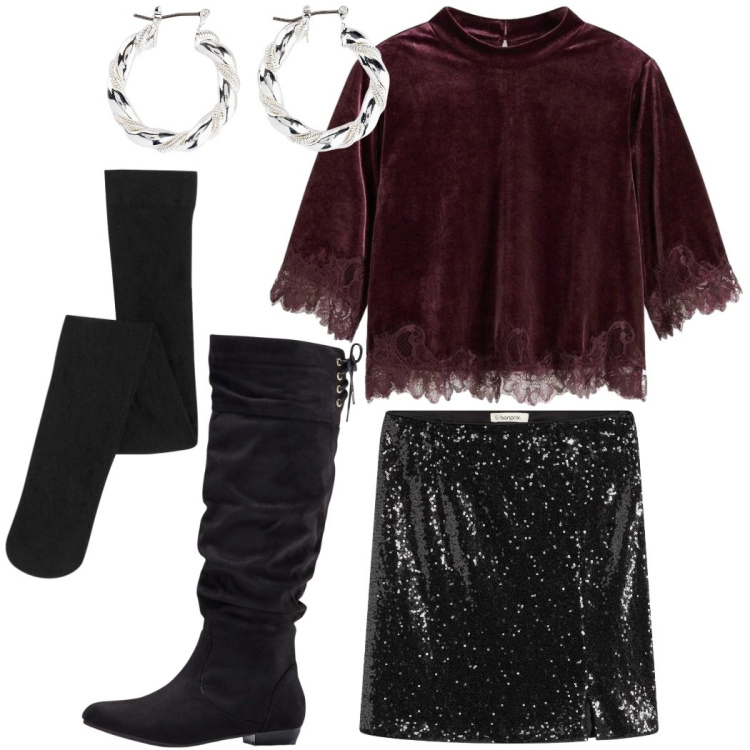 Outfit donna - Total look #2298730. Stile Romantica per Serata fuori. Abbinamento con minigonne, stivali, orecchini, collant, bluse.