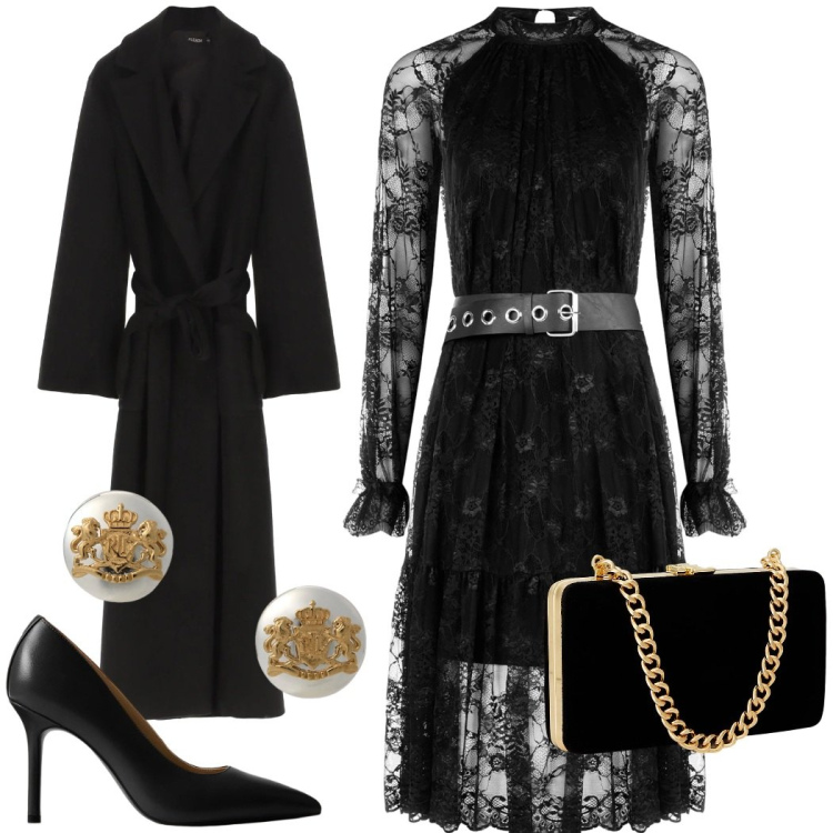 Outfit donna - Capodanno. Stile Sexy per Serata fuori. Abbinamento con cappotti, vestiti midi/longuette, clutch, orecchini, décolleté.