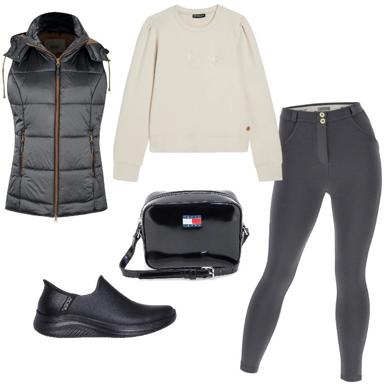 Outfit donna - Total look #2298732. Stile Basic per Tutti i giorni. Abbinamento con gilet, felpe, pantaloni skinny, sneakers, borse a tracolla.