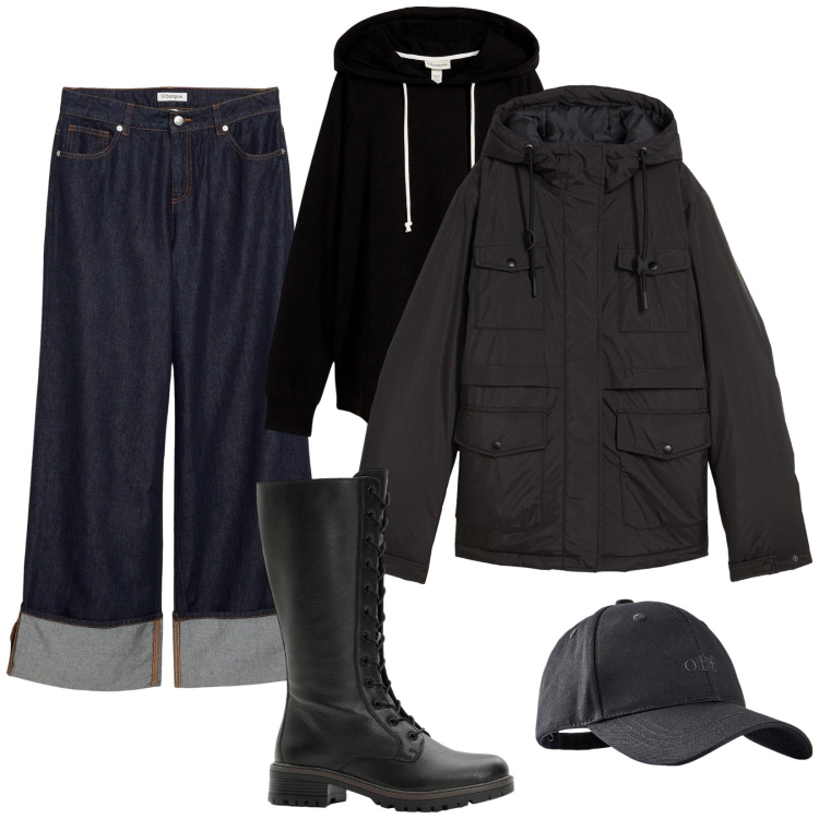 Outfit donna - Jeans in stile mannish. Stile Mannish per Tutti i giorni. Abbinamento con stivali, cappelli con visiera, felpe con cappuccio, jeans, blazer.