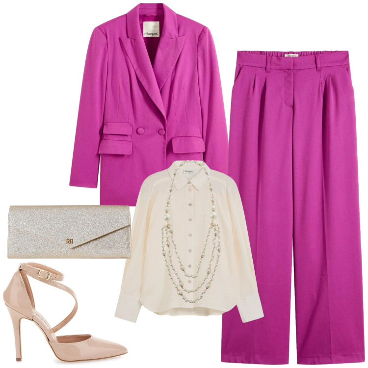 Outfit donna - Total look #2298737. Stile Glamour per Cerimonia. Abbinamento con pantaloni a palazzo, blazer, camicie, pochette, collane, décolleté.