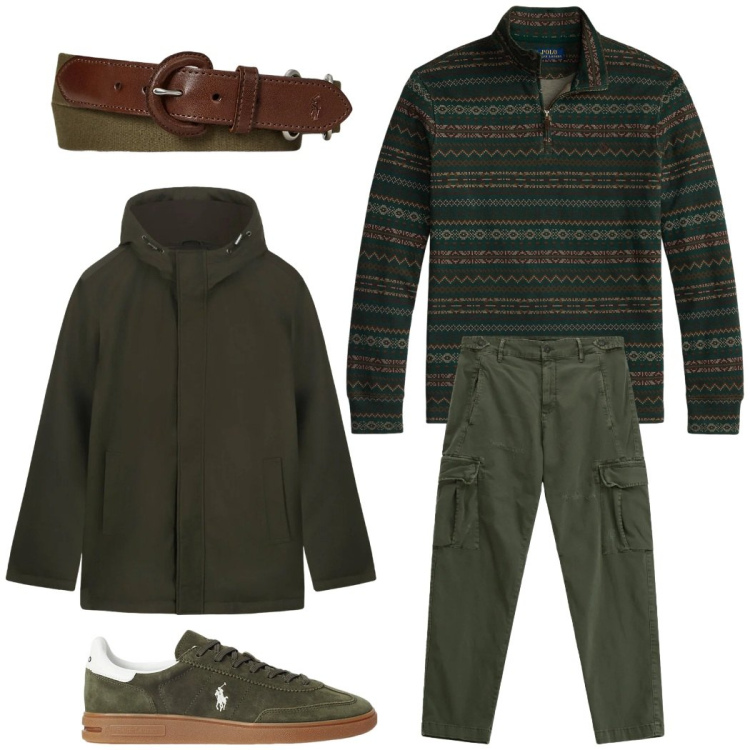 Outfit uomo - Total look #2298738. Stile Casual per Tutti i giorni. Abbinamento con pantaloni cargo, sneakers, cinture, pullovers, eskimo.