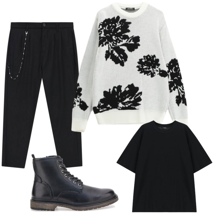 Outfit uomo - Total look #2298739. Stile Trendy per Tutti i giorni. Abbinamento con pantaloni, pullovers, t-shirt, anfibi.