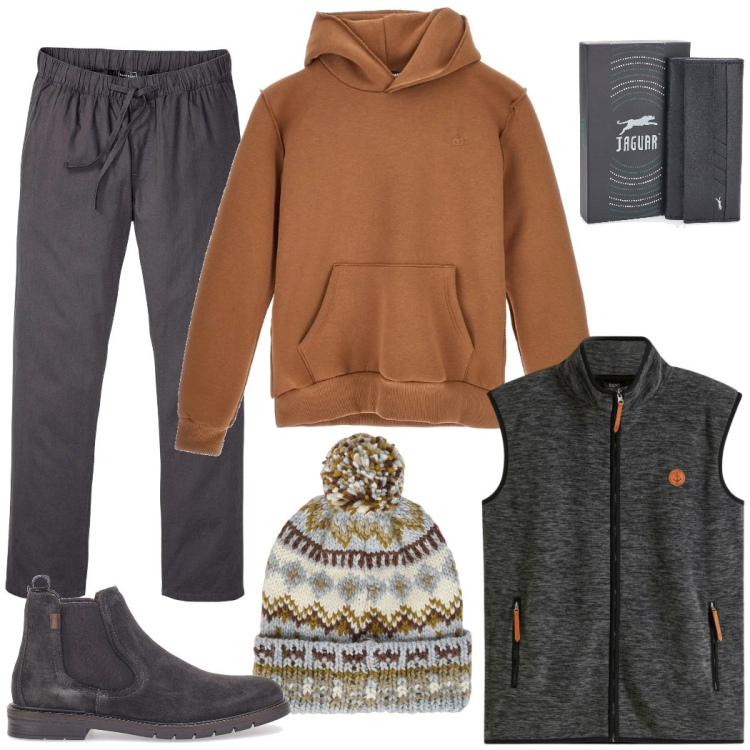 Outfit uomo - Total look #2298740. Stile Casual per Tutti i giorni. Abbinamento con pantaloni, piumini, berretti, stivali e stivaletti, portachiavi, felpe con cappuccio.