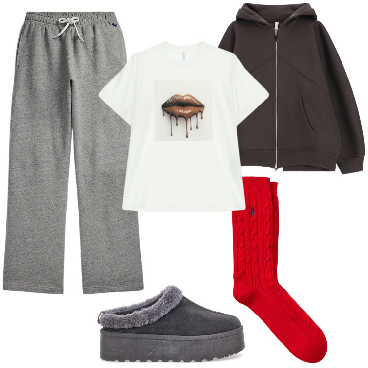 Outfit donna - Calzini rosso fuoco. Stile Basic per Tutti i giorni. Abbinamento con t-shirt, felpe con cappuccio, calzini, pantaloni sportivi, pantofole.