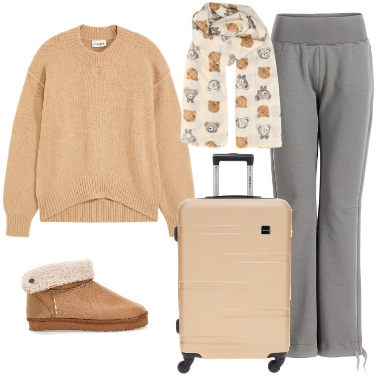 Outfit donna - Total look #2298742. Stile Trendy per Tutti i giorni. Abbinamento con maglieria, foulard, pantaloni, stivaletti, valigie.