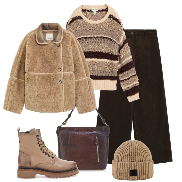 Outfit donna - Morbido maglione effetto bouclé. Stile Casual per Tutti i giorni. Abbinamento con blazer, maglieria, pantaloni, berretti, borse a spalla, anfibi.