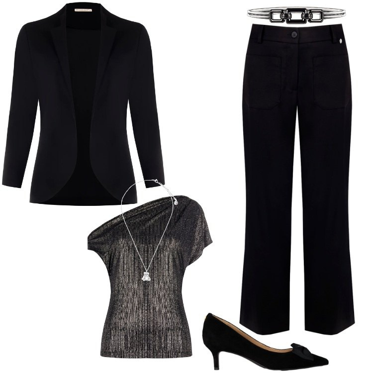 Outfit donna - Total look #2298746. Stile Glamour per Serata fuori. Abbinamento con blazer, pantaloni, bluse, cinture, ciondoli, décolleté.