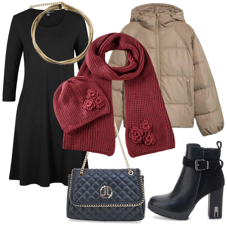 Outfit donna - Abito nero musthave. Stile Bon Ton per Tutti i giorni. Abbinamento con vestiti, sciarpe, giacche, collane, stivaletti, borse a tracolla.
