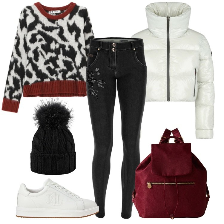 Outfit donna - Total look #2298749. Stile Casual per Tutti i giorni. Abbinamento con pullovers, zaini, jeans skinny, sneakers, berretti, piumini.
