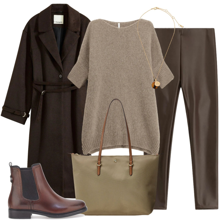 Outfit donna - Tabacco e cioccolato. Stile Basic per Tutti i giorni. Abbinamento con cappotti, maglieria, pantaloni skinny, borse tote, collane, stivaletti.
