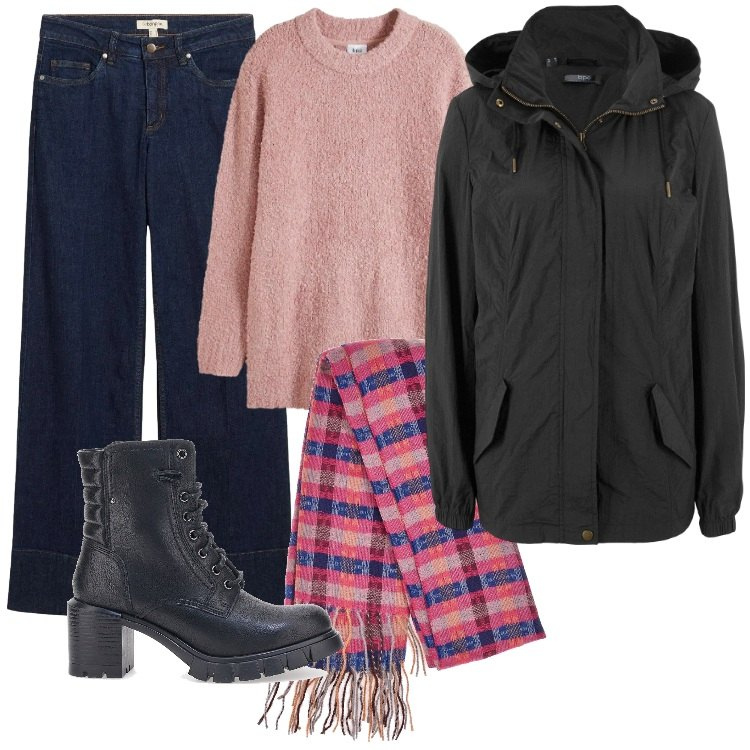 Outfit donna - Maglioncino rosa. Stile Basic per Tutti i giorni. Abbinamento con parka, jeans, maglieria, sciarpe, anfibi.