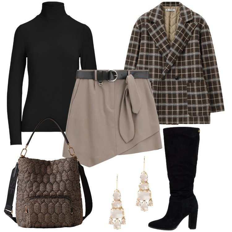 Outfit donna - Total look #2298754. Stile Casual chic per Serata fuori. Abbinamento con blazer, minigonne, borse a secchiello, stivali, top, orecchini.