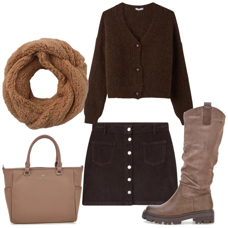 Outfit donna - Dicembre marrone. Stile Casual chic per Tutti i giorni. Abbinamento con sciarpe, minigonne, cardigans, stivali, borse a tracolla.