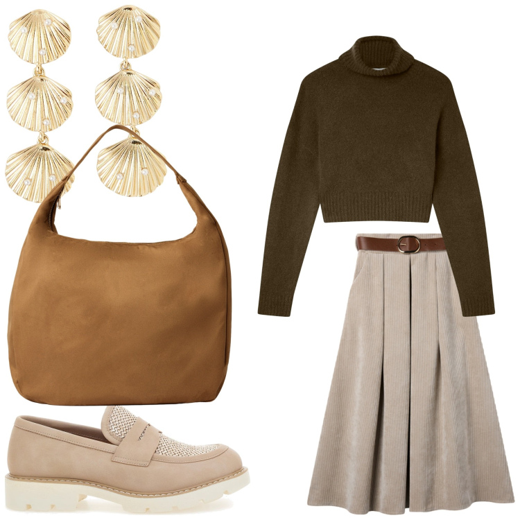 Outfit donna - Brown look. Stile Casual chic per Tutti i giorni. Abbinamento con gonne lunghe, maglieria, orecchini, borse a mano, mocassini.