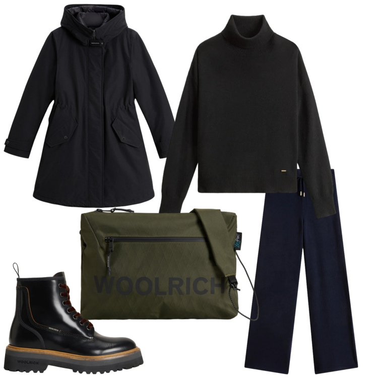 Outfit donna - Nero da inverno. Stile Casual per Tutti i giorni. Abbinamento con parka, anfibi, pantaloni, maglieria, borse a tracolla.