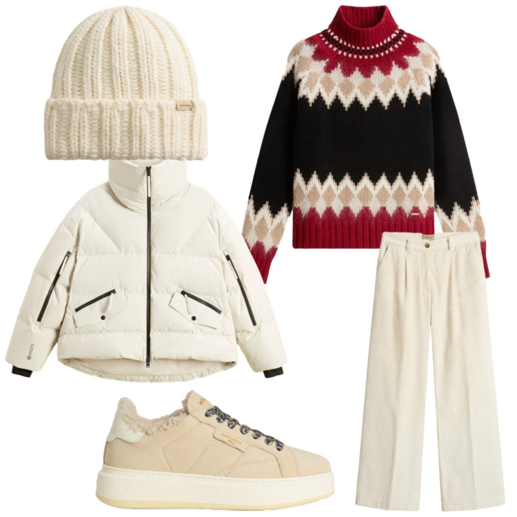 Outfit donna - Giornata in montagna. Stile Casual per Tutti i giorni. Abbinamento con piumini, sneakers, pantaloni, maglieria, berretti.