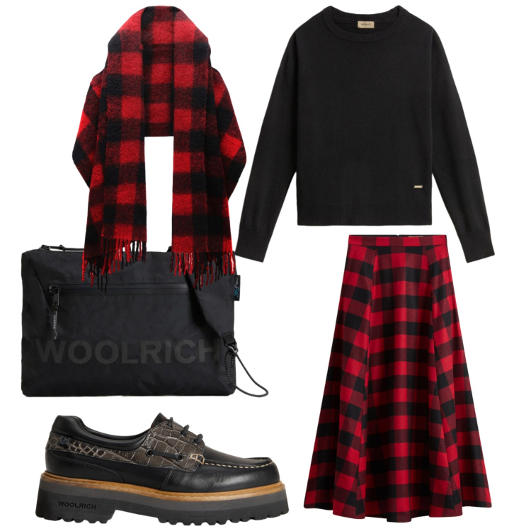 Outfit donna - Un giorno a quadretti. Stile Casual per Tutti i giorni. Abbinamento con gonne lunghe, sciarpe, maglieria, mocassini, borse a tracolla.