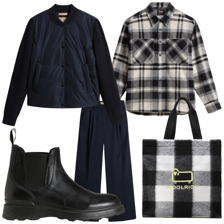 Outfit donna - A quadri. Stile Casual per Tutti i giorni. Abbinamento con borse tote, camicie, stivaletti, pantaloni, bomber.