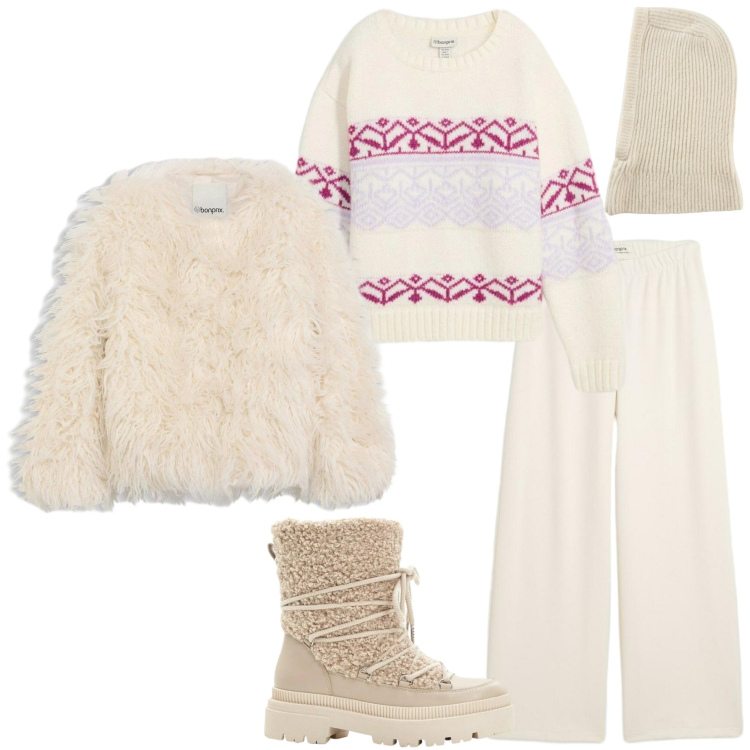 Outfit donna - Xmas Mood. Stile Casual per Tutti i giorni. Abbinamento con ecopellicce, pantaloni, maglieria, scaldacollo, stivali da neve.