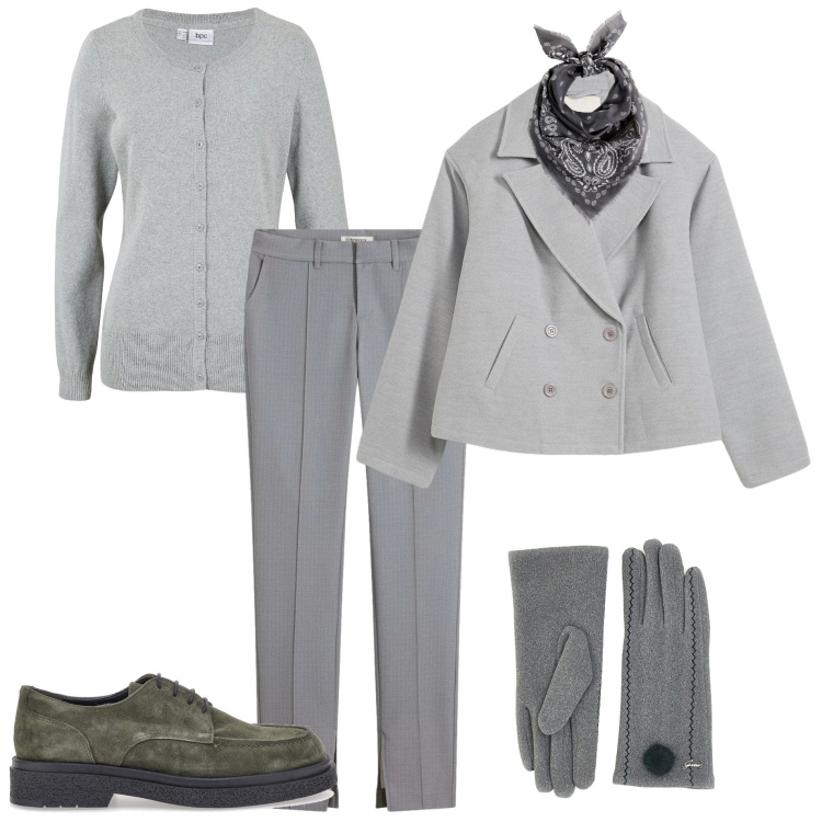 Outfit donna - Total grey. Stile Urban per Tutti i giorni. Abbinamento con caban, pantaloni, cardigans, foulard, scarpe stringate, guanti.