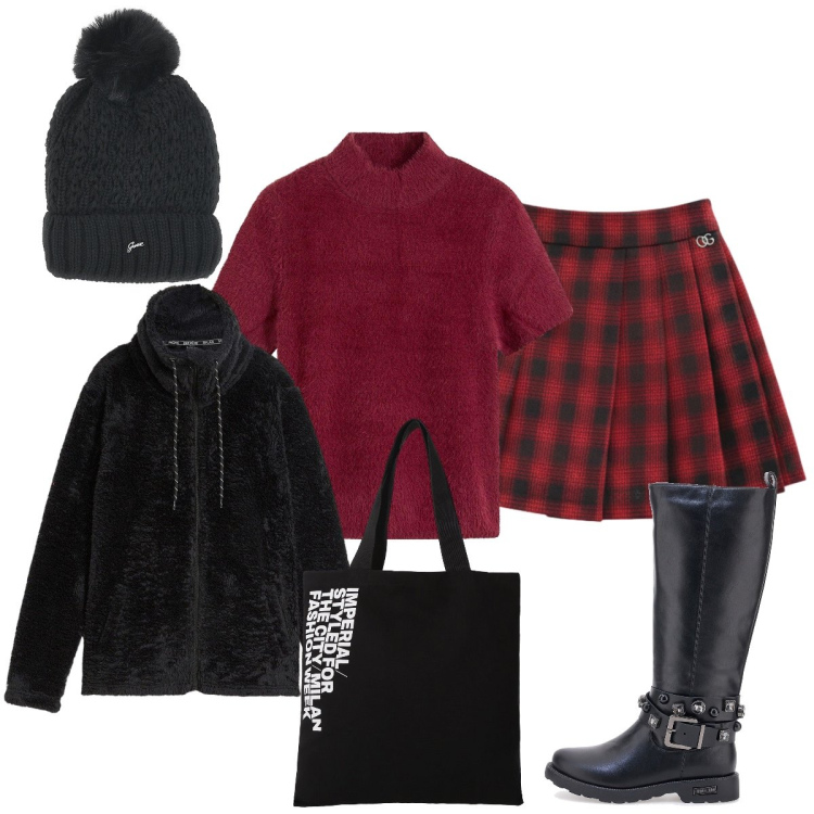 Outfit donna - All’università…. Stile Preppy per Scuola/Università. Abbinamento con maglieria, blazer, minigonne, shopping bag, stivali sopra il ginocchio, berretti.