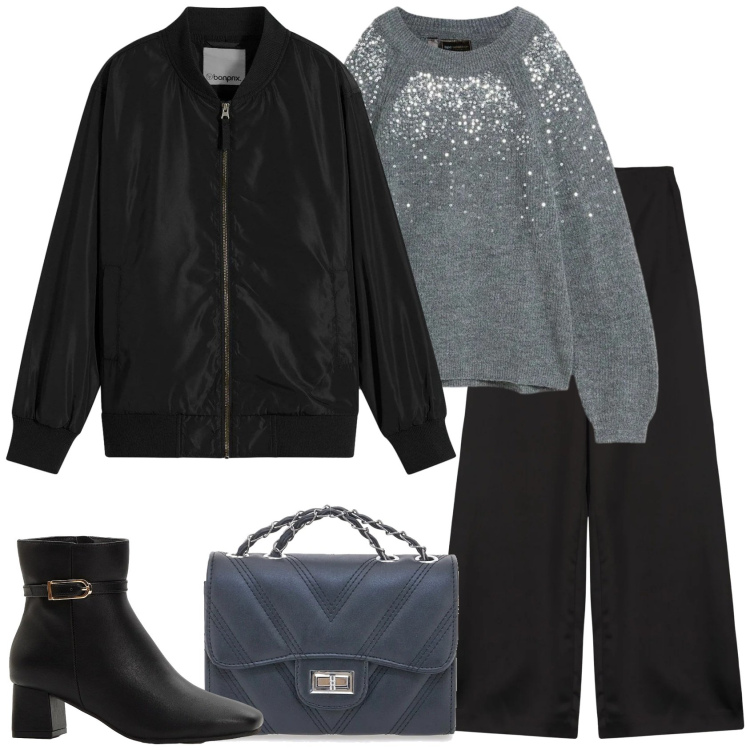 Outfit donna - Pioggia di stelle. Stile Casual chic per Ufficio. Abbinamento con bomber, maglieria, stivaletti, pantaloni a palazzo, borse a tracolla.
