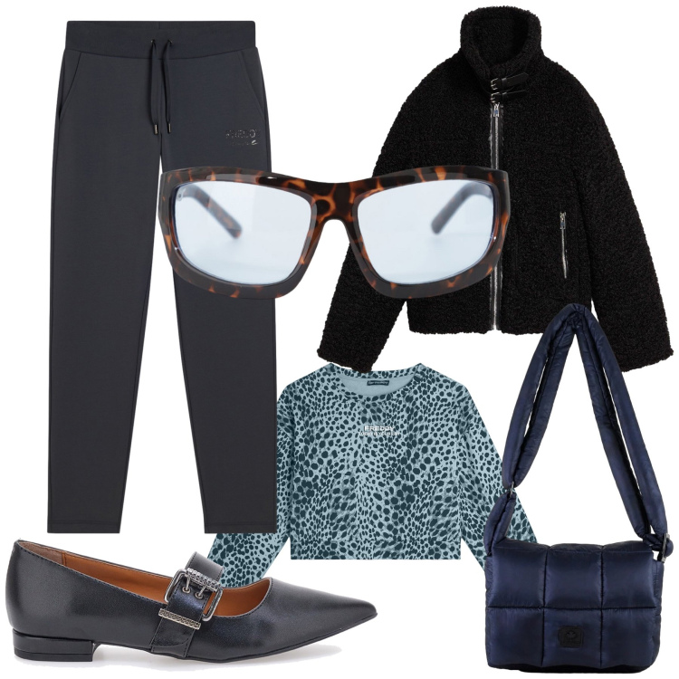 Outfit donna - Total look. Stile Trendy per Tutti i giorni. Abbinamento con ecopellicce, occhiali da sole, felpe, pantaloni, borse a spalla, ballerine.