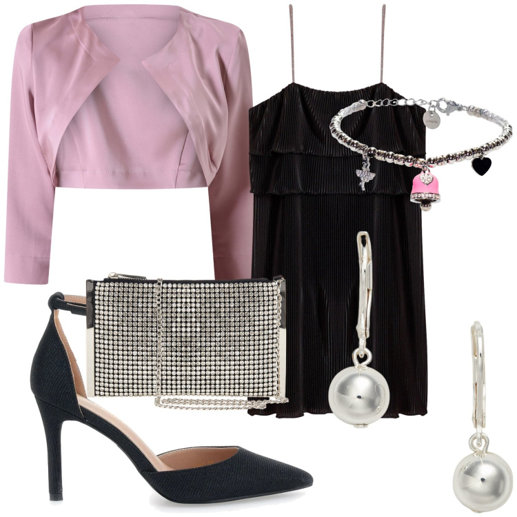 Outfit donna - A touch of pink. Stile Glamour per Serata fuori. Abbinamento con vestiti, bolero, pochette, braccialetti, orecchini, décolleté.